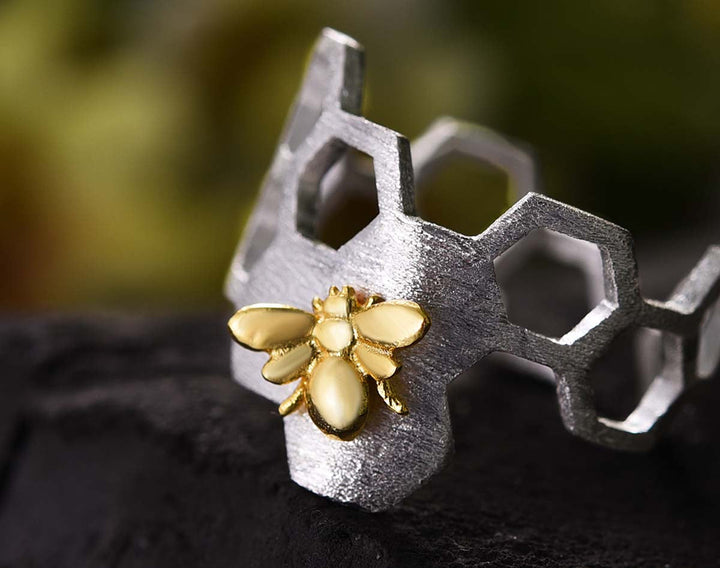 Adjustable 18K Gold Plated Honeycomb Ring